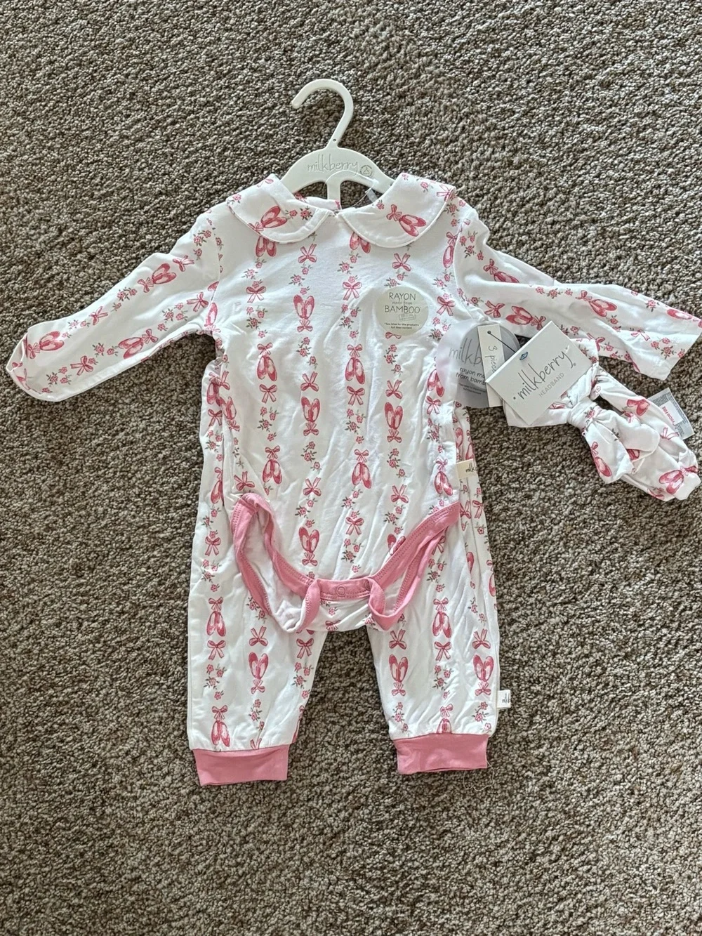 MILKBERRY 3 Piece Infant Bamboo Outfit Shirt Pants Headband NWT Sz 6-9 month